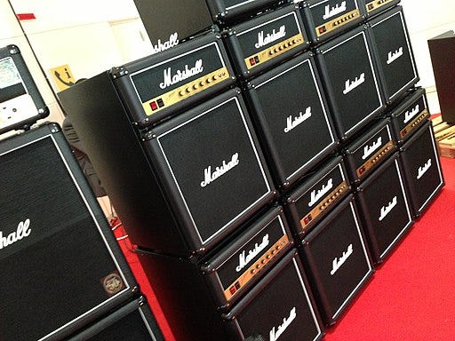 A row of Marshall guitar amplifiers