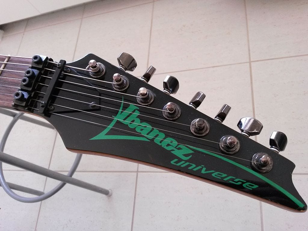 Headstock of an Ibanez seven-string guitar